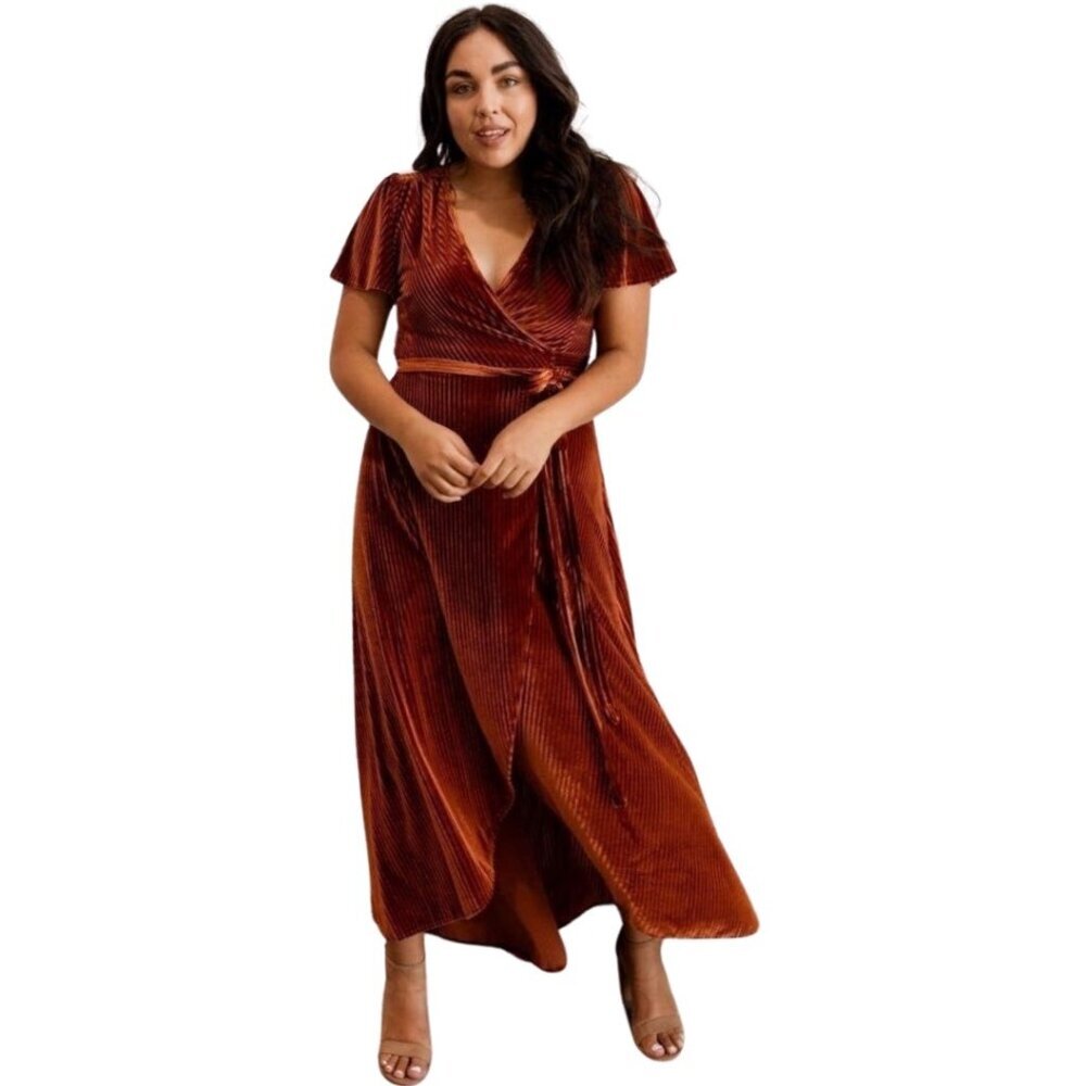 Plus Size Velvet Wrap Maxi Dress in Rust